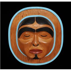 Northwest Coast Sleeping Moon Crest Mask Carved and Painted by Jim Johnny and Signed J Johnny 13 1/2
