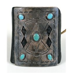 Navajo Heavy Silver and Turquoise Ketoh with Stamped Design 3 1/4"x 4" W.  Good Condition