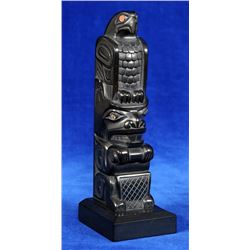 Glen Pollard Argillite Totem Carved with Eagle and Beaver 6 1/2" H. 2 5/8" W. Base 2 1/8" Deep  Good