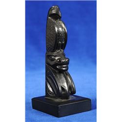 Ed Caulder Argillite Totem Carved with Eagle and Wasco 4 3/8" H.  Good Condition