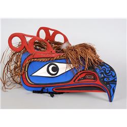 Northwest Coast Carved Hawk Helmet with Cedar Bark Trim, Dance Rigged 20 1/2" L. 9 1/2" W.  Good Con