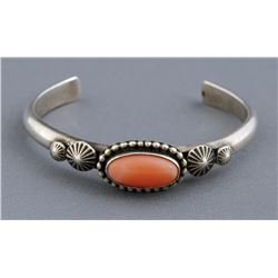Navajo Silver and Coral Child's Bracelet by Jeanette Dale 4" L. 7/16" W.  Good Condition