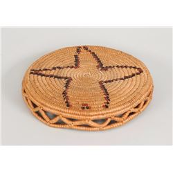 Lillooet Basketry Tray  with Crenulated Rim and Floral Design 8" D.  Good Condition