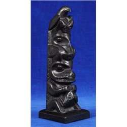 Robert Davidson Sr. Argillite Totem Carved with Eagle Holding a Frog, Raven and Bear Holding a Frog 