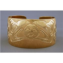 Gordon Cross 14K Gold Bracelet Incised with Double Ravens Holding Moon 1977  49.4 GMS 6 1/2" L. 1 1/
