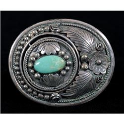 Navajo Silver and Turquoise Belt Buckle with Silver Leaf, Twisted Wire and Rain Drops with Reversibl