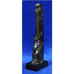 Glen Pollard Argillite Totem Carved with Eagle and Raven 9 3/4" H. 2" W. Base  Good Condition