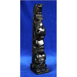 Tom Hans Argillite Totem Carved with Eagle, Raven Holding a Frog and Wasco Holding a Frog on a Frog 