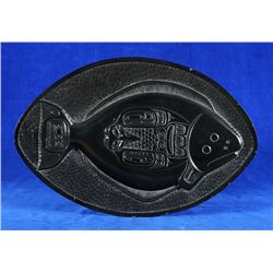 Haida Carved Argillite Halibut with Raven Dish Signed PW 83  8 1/2"x 13"  Good Condition