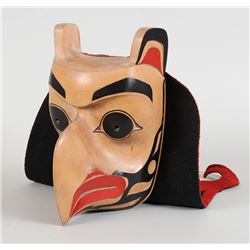 Alder Eagle Mask Carved by Gary Leon with Blanket Applique Work 11 1/2" H. 7 1/2" W.  Good Condition