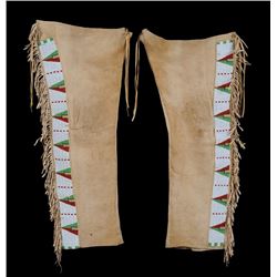 Pair of Fringed Beaded Leggings with Geometric Design 32" L. 13" W.  Good Condition