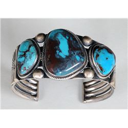 Navajo Silver and Bisbee Blue Turquoise Bracelet Made by Paul Begay 84.5 GMS 6" L. 1 3/8" W. 1 1/4" 