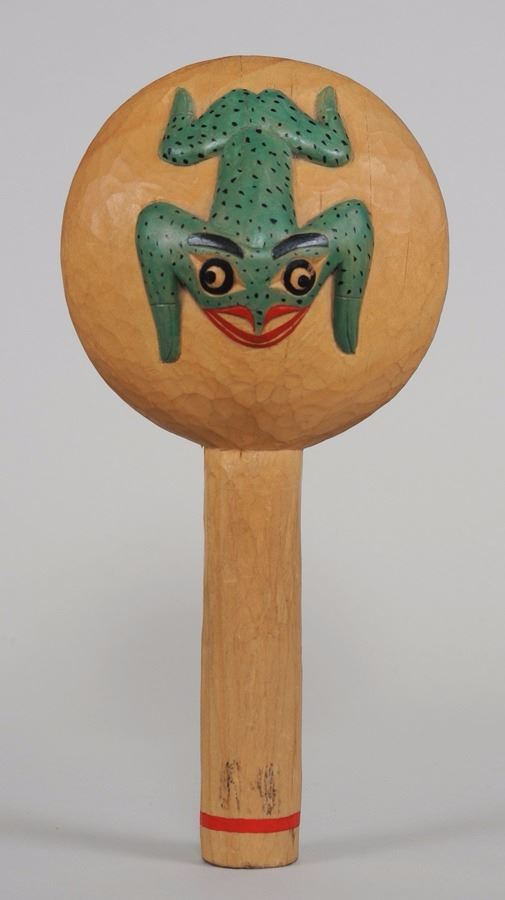 Coast Salish Carved Rattle with Frog and Moon Mask by Darren Yelton