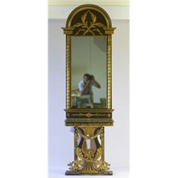 Gilt and black painted wall mirror with conso