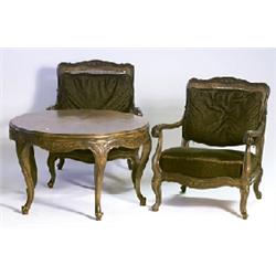 Arm chairs, pair, and  table, Chippendale-sty