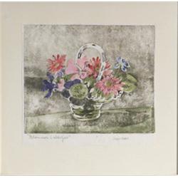 Woodcut, Maja Fjaestad, "Blommor i eldljus",