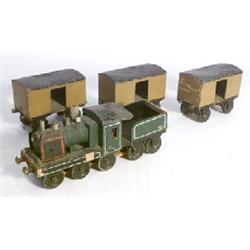 Train-set, locomotive and three waggons, wood