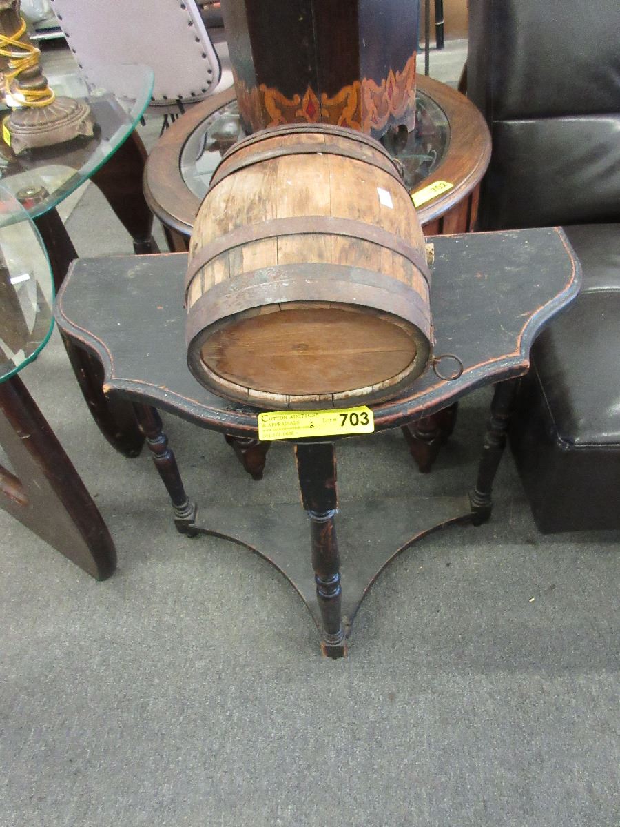 Vintage small wood cask & half moon table