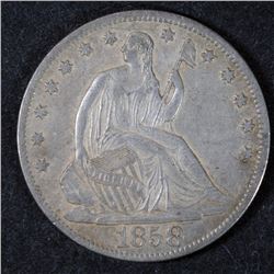 1858-O SEATED LIBERTY HALF CHOICE AU SCRATCH REV.