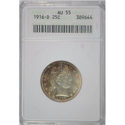 1916-D BARBER QUARTER, ANACS AU-55