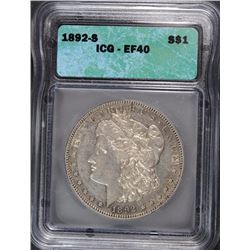 1892-S MORGAN SILVER DOLLAR, ICG EF-40 SEMI-KEY