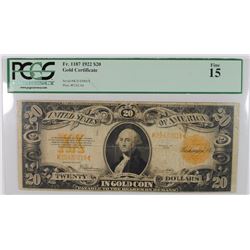 1922 $20.00 GOLD CERTIFICATE FR#1187 PCGS FINE-15
