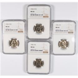 4 - NGC MS66 JEFFERSON NICKELS; 2-1956 & 2-1956-D
