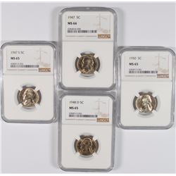 ( 4 ) NGC GRADED JEFFERSON NICKELS: 1947 MS-66, 1947-S, 1948-D & 1950 MS-66