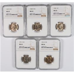 ( 5 ) NGC GRADED JEFFERSON NICKELS: 1947-S, 48-D, 50, 51-S MS-65 & 1951-D MS-66