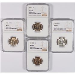 NGC GRADED JEFFERSON NICKELS: 1942-S & 1947 MS-66 1948-D & 1949-D MS-65