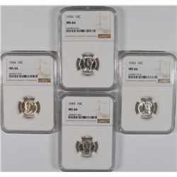 ( 2 ) 1943 & ( 2 ) 1944 MERCURY DIMES, NGC MS-66