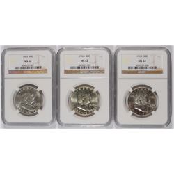 ( 3 ) 1963 FRANKLIN HALF DOLLARS, NGC MS-62