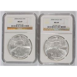 ( 2 ) 2004 AMERICAN SILVER EAGLES, NGC MS-69