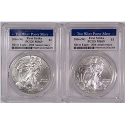 ( 2 ) 2016-(W) WEST POINT MINT AMERICAN SILVER EAGLES , PCGS MS-69  FIRST STRIKE