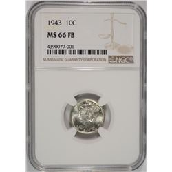 1943 MERCURY DIME,. NGC MS-66 FULL BANDS