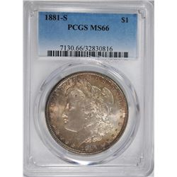 1881-S MORGAN SILVER DOLLAR, PCGS MS-66 GREAT COLORS!