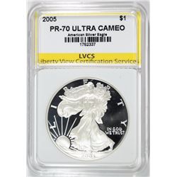 2005 AMERICAN SILVER EAGLE, LVCS PERFECT GEM PROOF ULTRA CAMEO