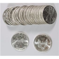 GEM BU ROLL OF 2002 AMERICAN SILVER EAGLES IN ORIG  MINT TUBE ( 20 ) COINS
