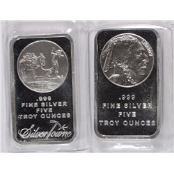 ( 2 ) DIFFERENT FIVE OUNCE,999 SILVER BARS: PROSPECTOR & INDIAN/BUFFALO