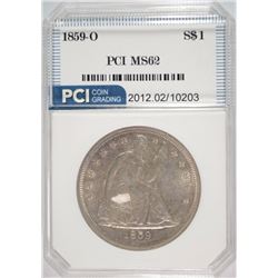 1859-O SEATED DOLLAR, PCI CHOICE BU WHITE!  NICE TYPE COIN