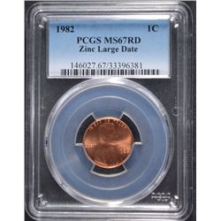 1982 LINCOLN CENT ZINC LARGE DATE PCGS MS67 RD