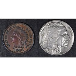 1901 INDIAN CENT CH BU BROWN & 1937-D BUFFALO NICKEL BU