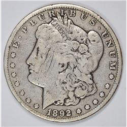 1892-CC MORGAN SILVER DOLLAR FINE, MINOR MARK OBV, KEY