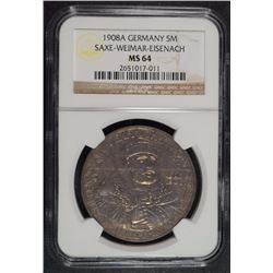 1908A SILVER 5 MARKS GERMAN STATES NGC MS64 ICONIC TYPE