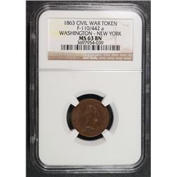 1863 CIVIL WAR TOKEN WASHINGTON - NEW YORK NGC MS 63 BN