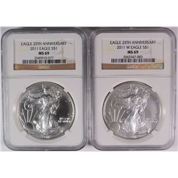 2011 & 2011 W NGC MS69 25TH ANNIVERSARY EAGLE SET
