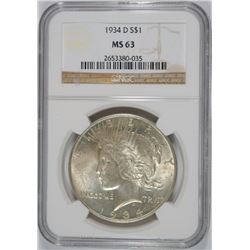 1934-D PEACE SILVER DOLLAR NGC MS63 NICE