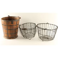 Wooden Bucket & Metal Egg Baskets