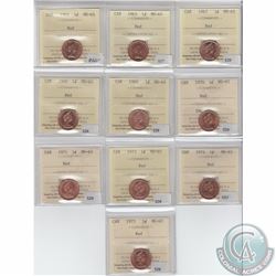 1-cent 1961, 1963, 1967, 1968, 1969, 1970, 1971, 1973, 1974 & 1975 ICCS Certified MS-65 Red. 10pcs.