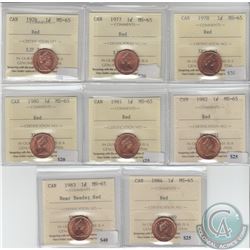 1-cent 1976, 1977, 1978, 1980, 1981, 1982, 1983 Near Beads & 1984 ICCS Certified MS-65 Red. 8pcs.